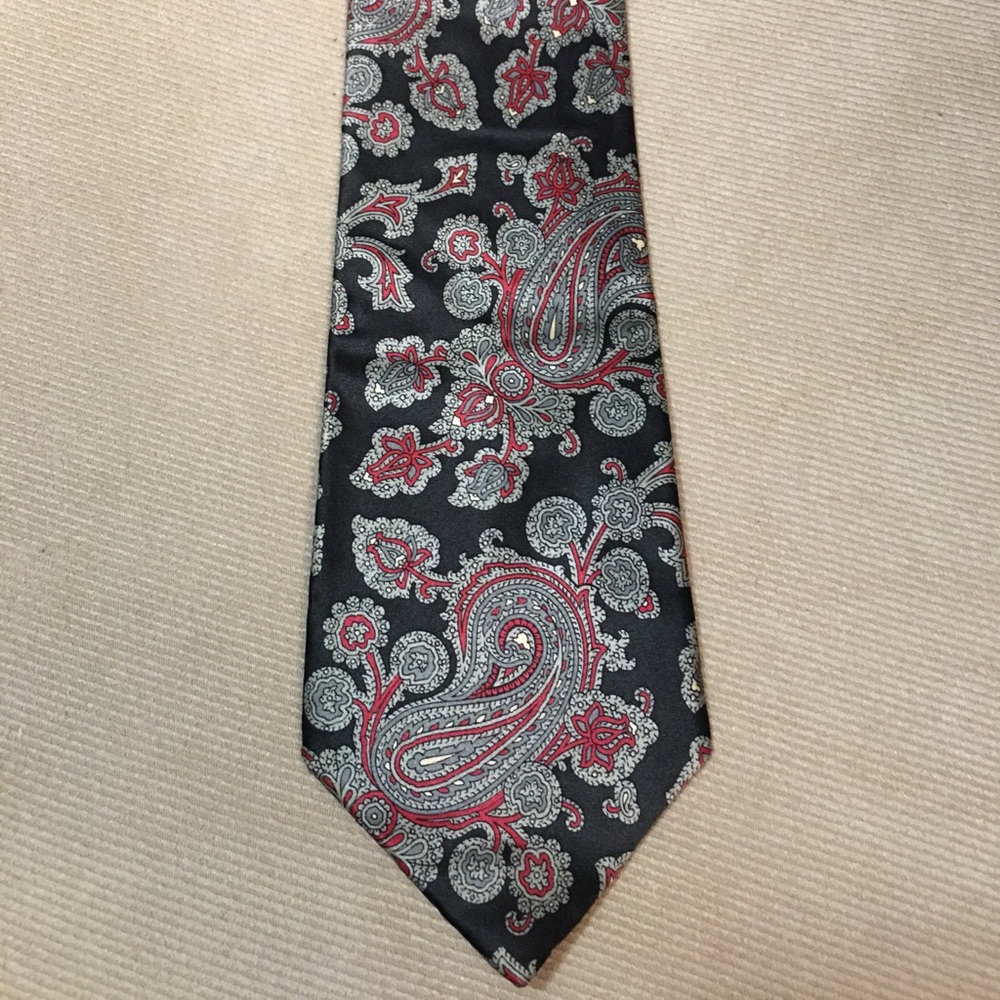 Vtg Stylish BERT PULITZER Paisley Brocade Black Red White Silk Neck Tie